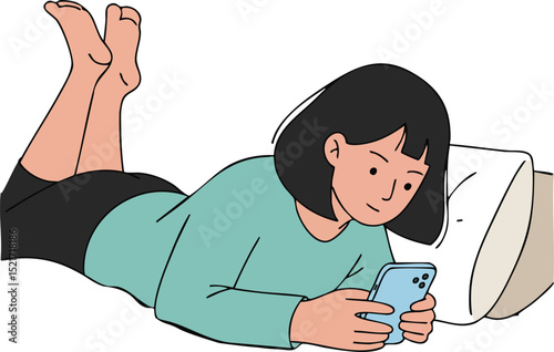 Woman lying on stomach using smartphone relaxing at home in casual clothing vector illustration 