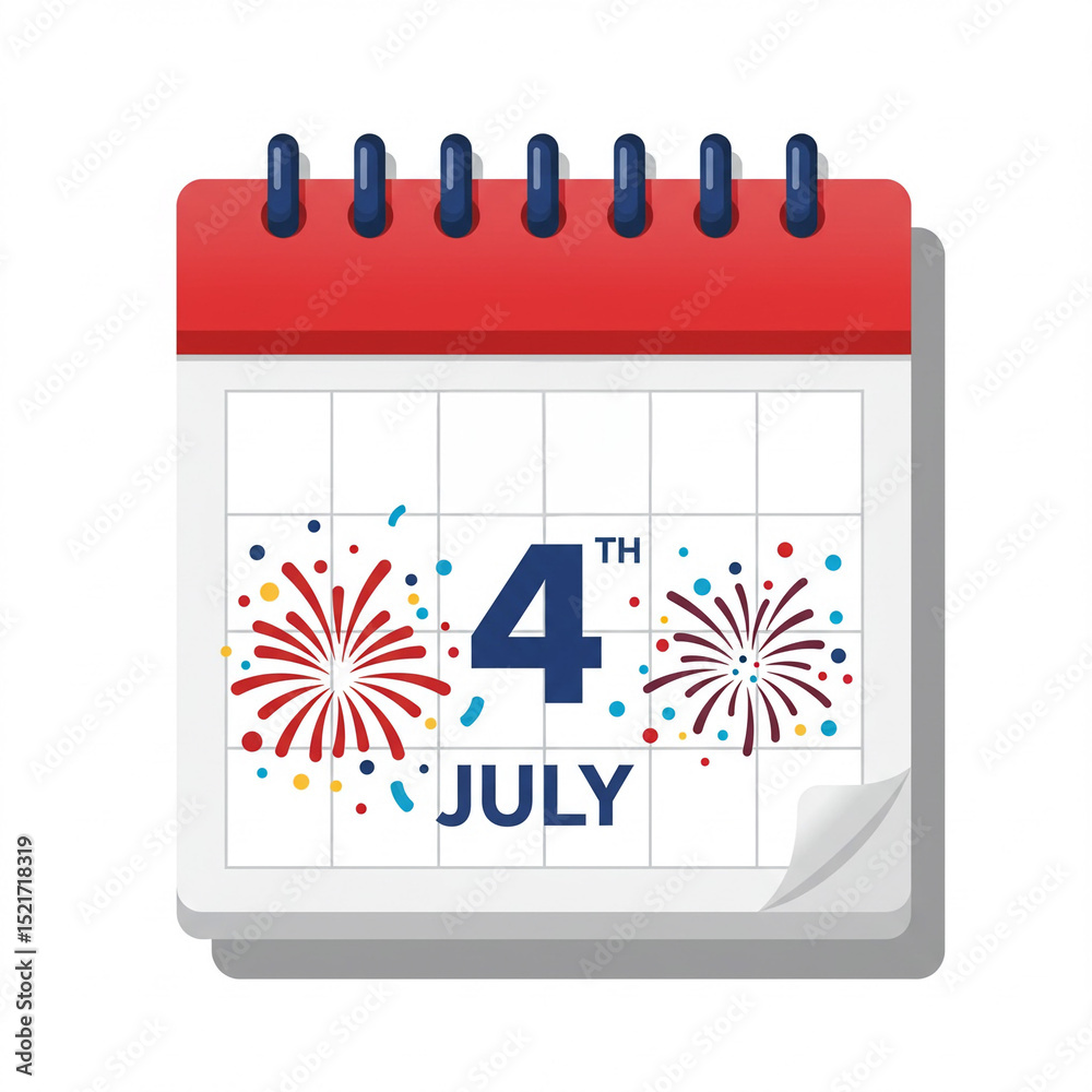 Fototapeta premium 4th of July calendar icon with firework and confetti elements, editable vector style