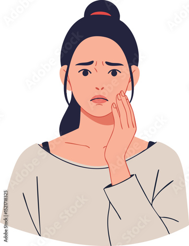 Worried young woman touching painful cheek feeling discomfort and anxiety illustration vector 
