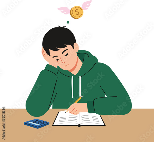 Young man in green hoodie struggling with finances and budgeting while studying with calculator and notebook vector illustration 