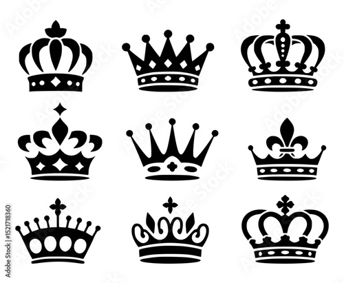 Set of nine detailed black crown designs on white background