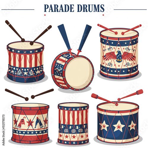 Vector parade drums with decorative American patterns, isolated clean background