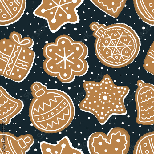 Christmas Cookies Pattern. Seamless Print with Gingerbread Cookies. Gingerbread Balls, Bell, Heart, Star, Gift Box, Flower. Winter Background. Template. Vector illustration on Dark Blue Background