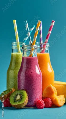 Refreshing Fruit Smoothies in Colorful Bottles With Straws and Fresh Fruits o...