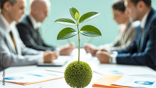 A bright corporate meeting room features a vibrant green plant centered on a white table with blurred professionals and mint background