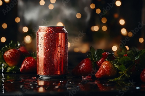 Refreshing Drink Can Beside Ripe Strawberries With Water Droplets on a Dark B...