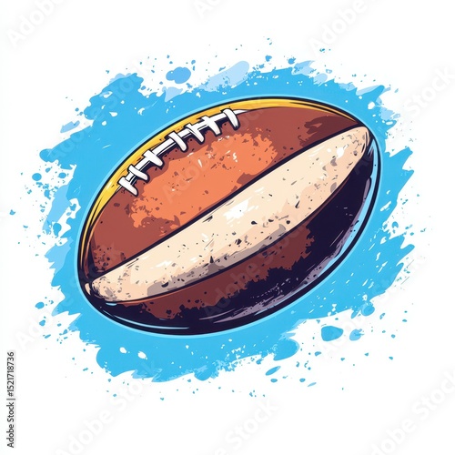 Colorful illustration of a rugby ball against a vibrant blue background showcasing dynamic motion and energy