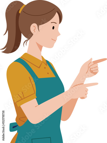 Woman in teal apron pointing sideways with both hands in casual pose vector illustration 