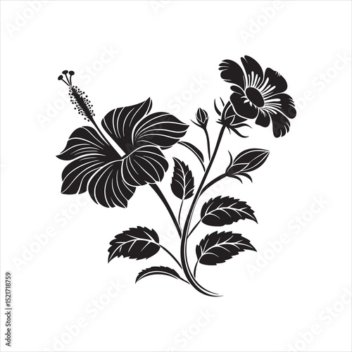 lack Sunflower and Hibiscus Flower Silhouette Vector