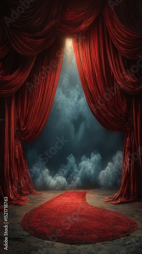 Dramatic red curtains part to reveal a moody sky with clouds at a theater setting