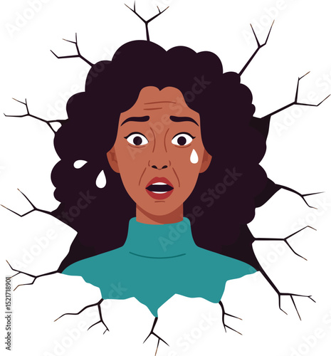 Woman with cracked face and broken wall illustration showing emotional distress vector graphic 