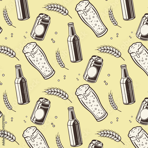 seamless pattern with beer glasses,beer bottles,beer can and wheat on yellow background