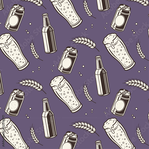 seamless pattern with beer glasses,beer bottles,beer can and wheat on purple background
