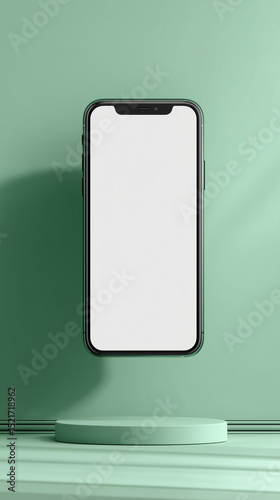 Smartphone mockup on a pastel green podium, showcasing a blank screen ideal for app presentation or website design.