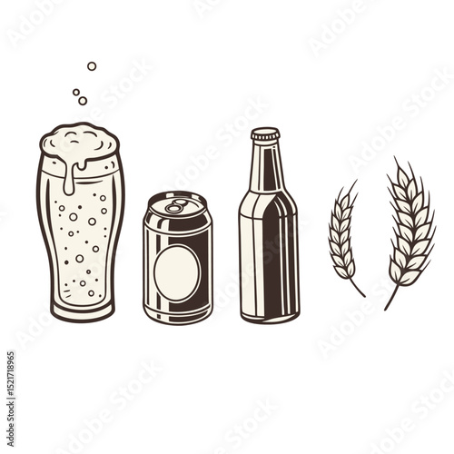 set of beer elements,bottles,cans,glass and wheat 