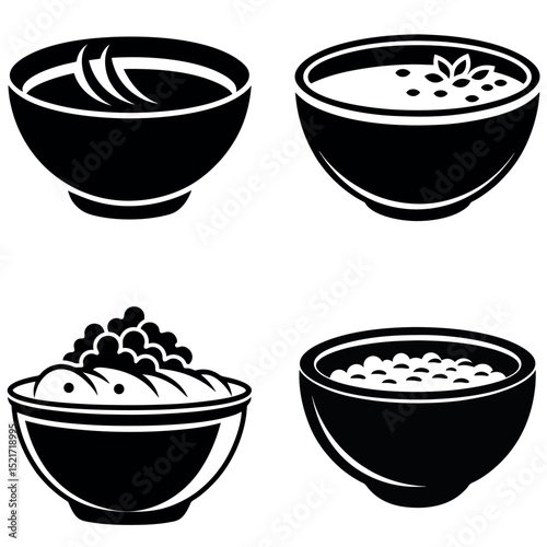 Black and White Bowls With Food Illustrations, Soup, Porridge, and Seeds, Isolated Designs