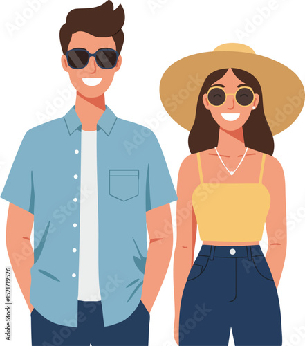 Young couple wearing sunglasses casual summer clothes smiling vector illustration portrait style 