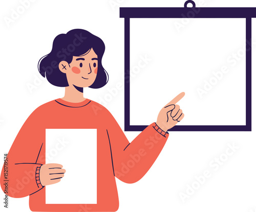 Woman presenting with blank board and paper in casual orange sweater vector illustration 