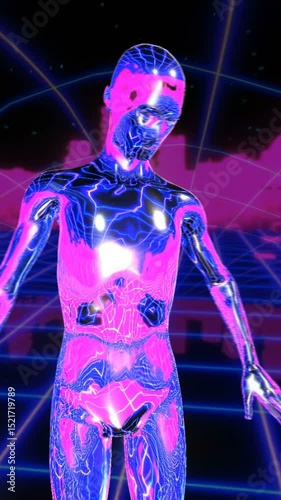 Retro Futuristic seamless vertical video of a metal human figure grid laser landscape