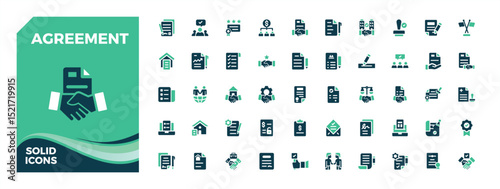 Agreement colorful solid icon set. Containing consensus, check, hand, document, deal, approval and more. Deal vector solid icon pack. Vector artwork and illustration.