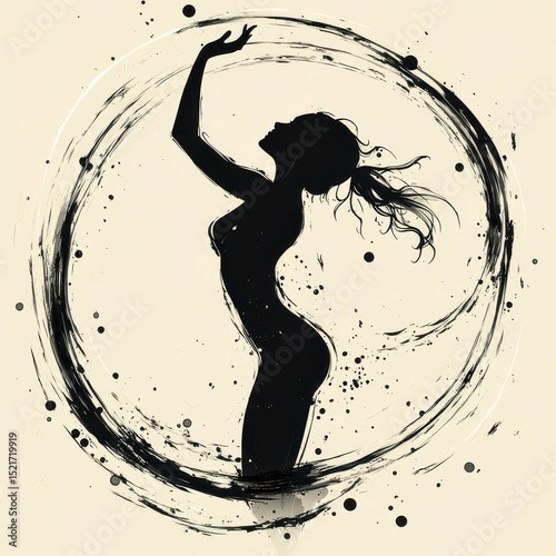 Silhouette of a dancer surrounded by swirling ink patterns in a creative artistic display
