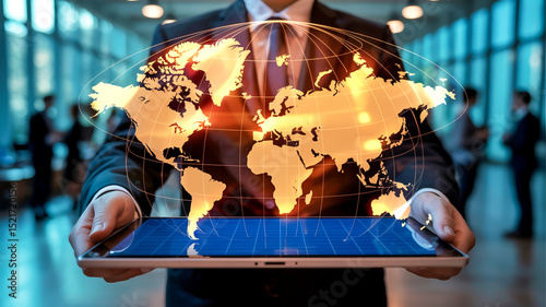 A businessperson holds a tablet displaying a glowing golden-orange holographic world map floating above a blue screen in an office