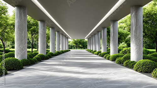 Modern architecture walkway with columns and green landscaping design for outdoor space and garden path