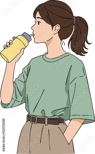 Young woman drinking from yellow bottle casual style with green shirt and brown hair vector illustration 
