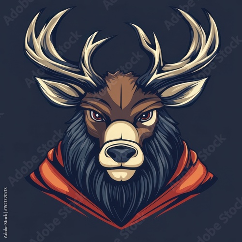 Stylized illustration of a stag wearing a cloak against a dark background featuring detailed antlers and piercing eyes