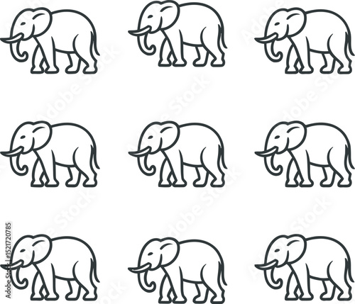 Simple vector illustration of multiple outlined elephants arranged in a grid pattern for design elements