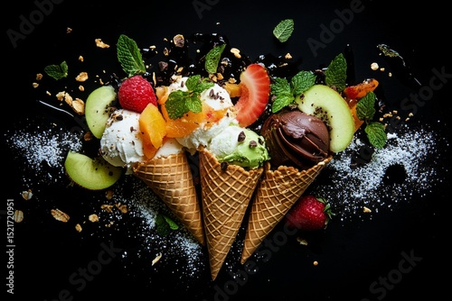Delicious Ice Cream Cones With Fresh Fruit and Mint Leaves on Black Background
