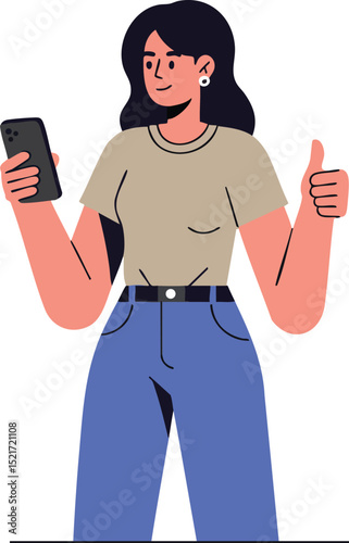Woman holding smartphone showing thumbs up gesture casual clothing vector illustration 