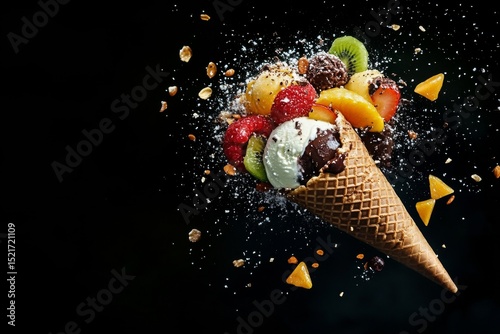 Colorful Ice Cream Cone With Fruits and Toppings Splashing in the Air