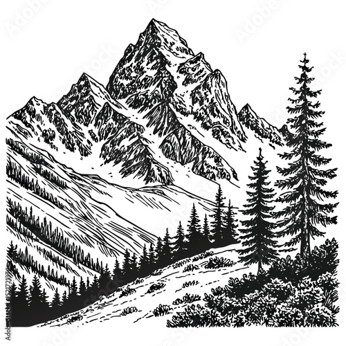 Hand Drawn Mountain Landscape with Snow Peaks – Black and White Sketch Illustration .
