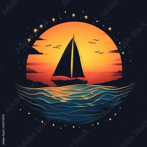 Sailboat gliding across serene waters during a vibrant sunset horizon with birds in the sky and waves beneath