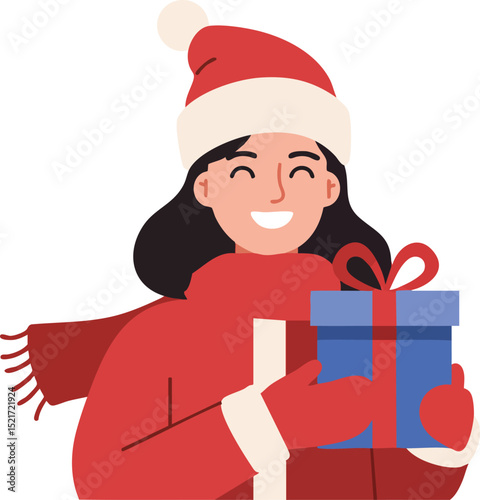 Woman smiling while holding Christmas gift box wearing Santa hat and red winter scarf vector illustration 