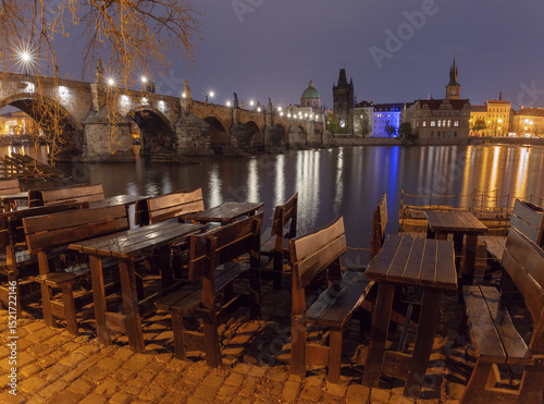 Charles Bridge over Vltava River at night in Prague, Czech Republic