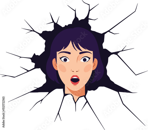 Woman with purple hair breaking through cracked wall vector illustration with surprised expression 