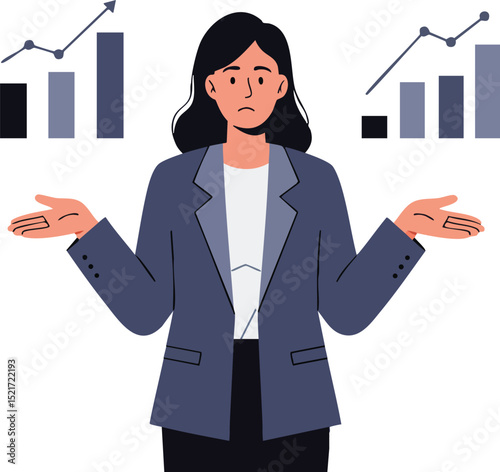 Businesswoman comparing financial bar charts with growth trends in professional attire vector illustration 