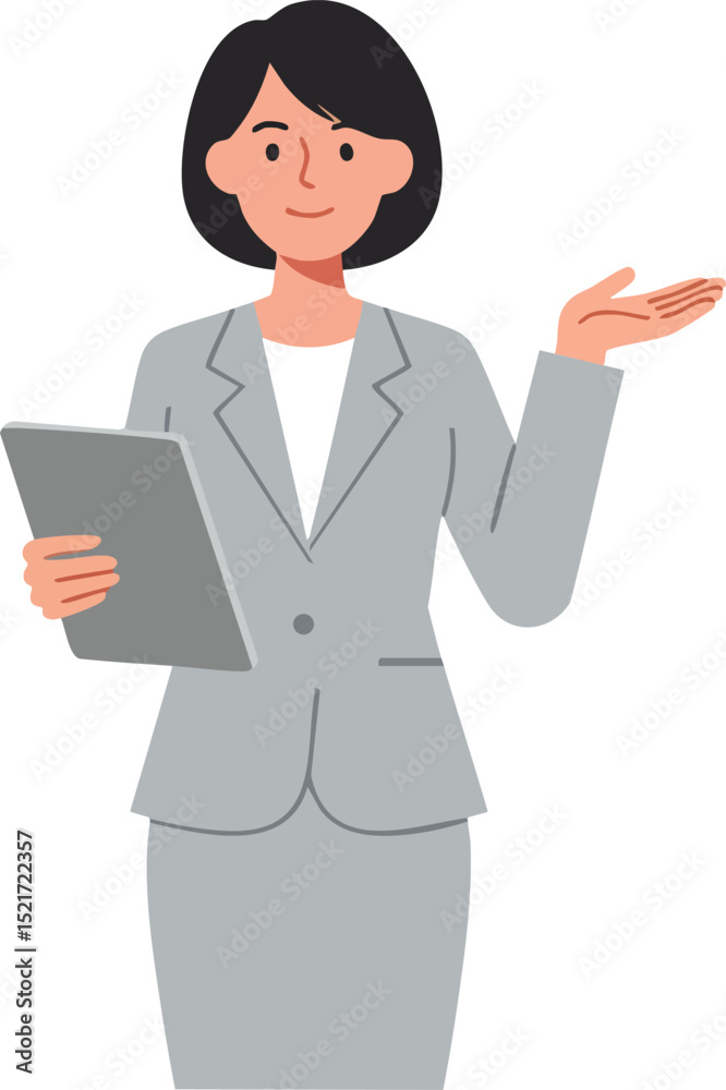 Businesswoman in gray suit holding tablet presenting with hand gesture vector illustration Businesswoman in gray suit holding tablet presenting with hand gesture vector illustration