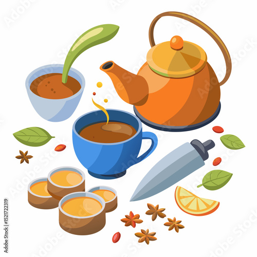 National Chai Day Vector – Masala Tea Cup, Spices, Kettle, Traditional Drink Illustration on White Background