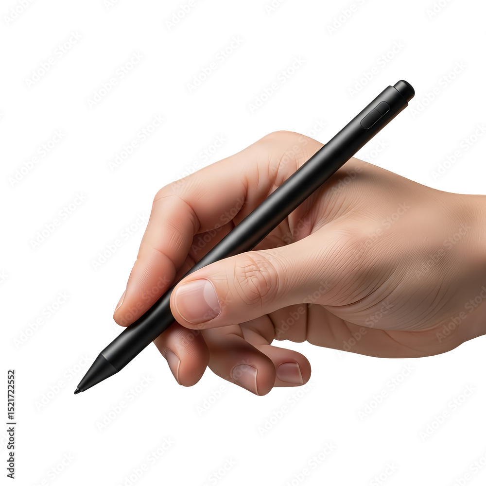 Hand gripping black stylus pen Hand gripping black stylus pen