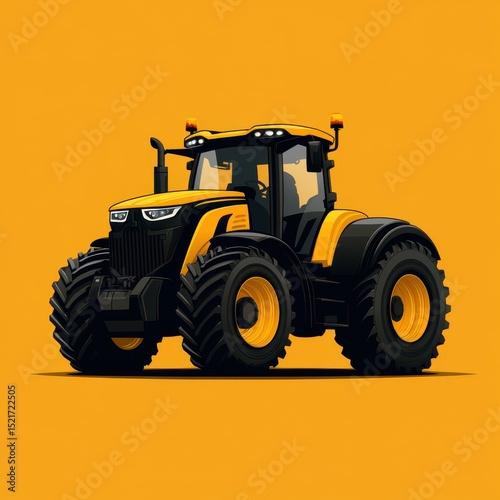 Bright yellow tractor on a vibrant orange background showcasing modern agricultural design and efficiency in farming machinery