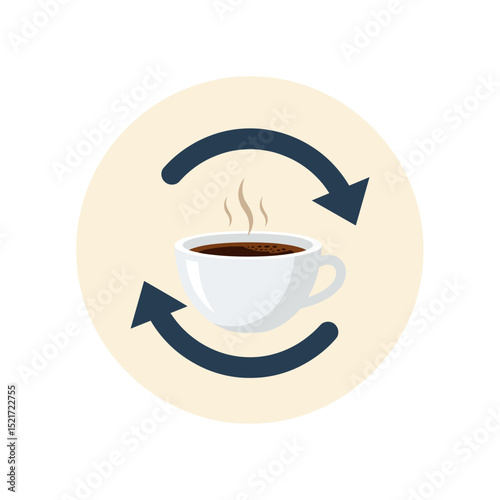 Coffee Refresh or Continuous Cycle Icon - Steaming Cup with Rotating Arrows