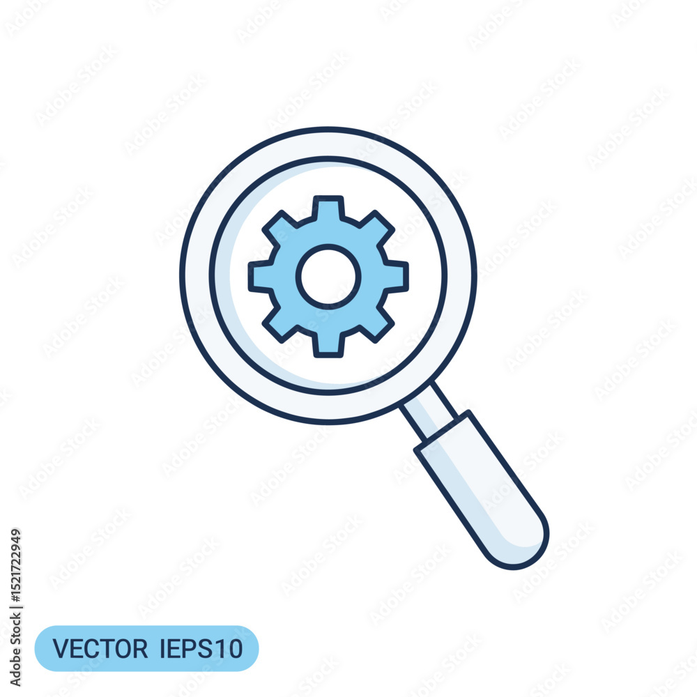 Magnifying Glass with Gear Icon - Search Settings or Technical System Analysis Magnifying Glass with Gear Icon - Search Settings or Technical System Analysis