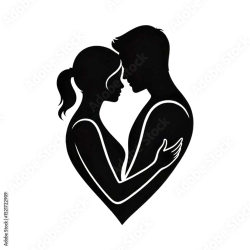 Black and white silhouette of a couple hugging, symbolizing love and harmony on a transparent background