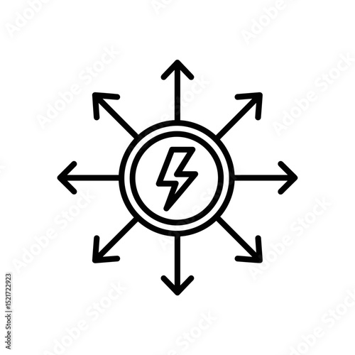 Energy Distribution or Electric Field Icon - Lightning Bolt with Radiating Arrows Line Art