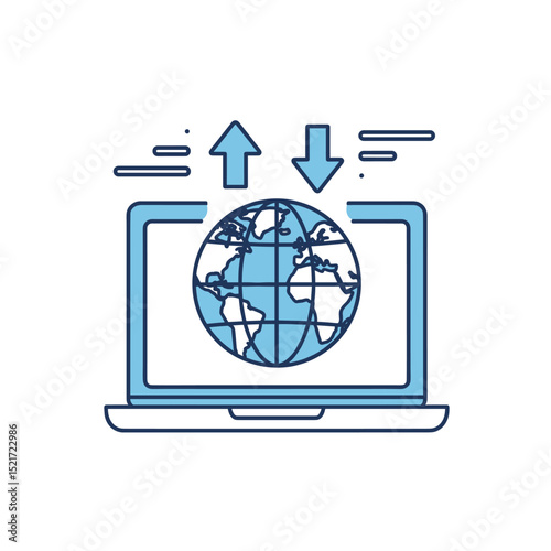 Global Internet Data Transfer on Laptop Icon - Worldwide Network and Connectivity