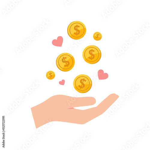 Donation and Charity Concept with Hand, Coins, and Hearts