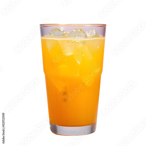 Photorealistic fresh orange juice in clear glass with pulp and droplets, golden hour lighting, soft shadows, cool tones, transparent background, vibrant contrast

